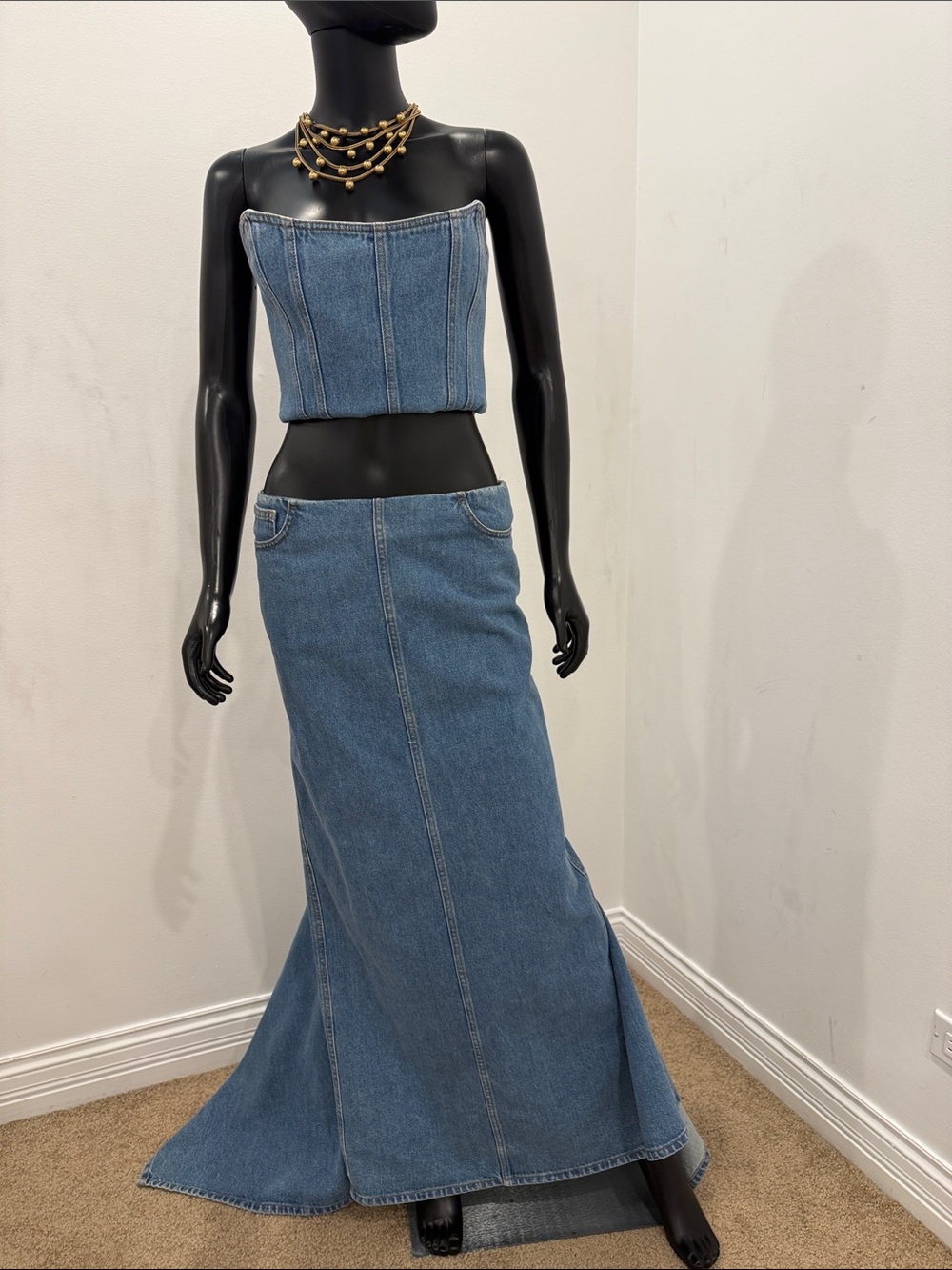 Magda Butrym Denim Draped Maxi Skirt Size 34 Runway Low Waist NWT